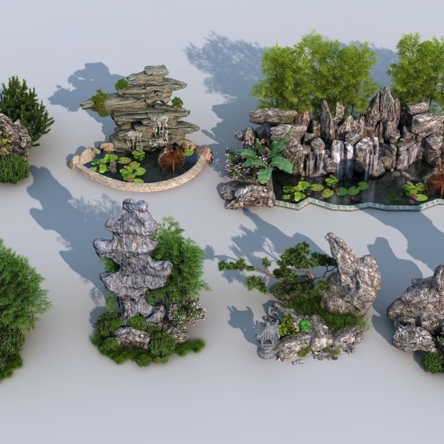 中式假山园林景观3D模型